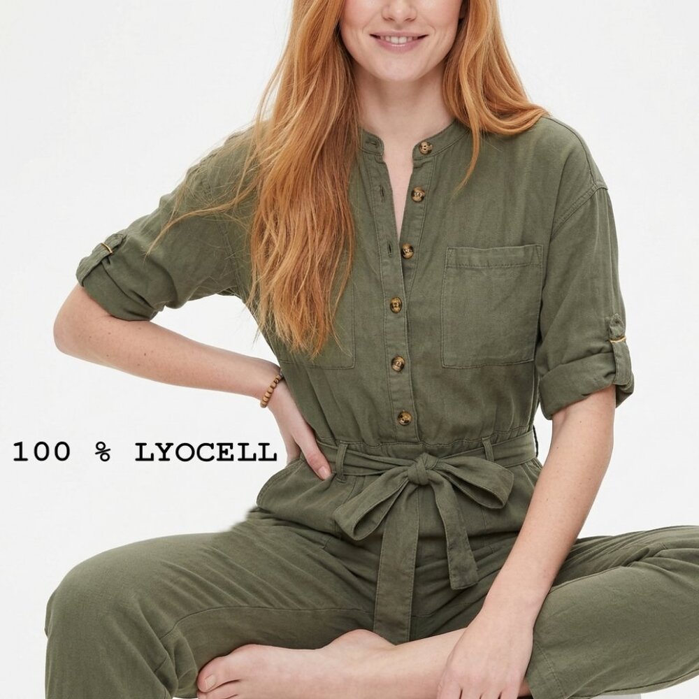 Army Green Lyocell Jumpsuit Belted Utility Romper Size‎ 9